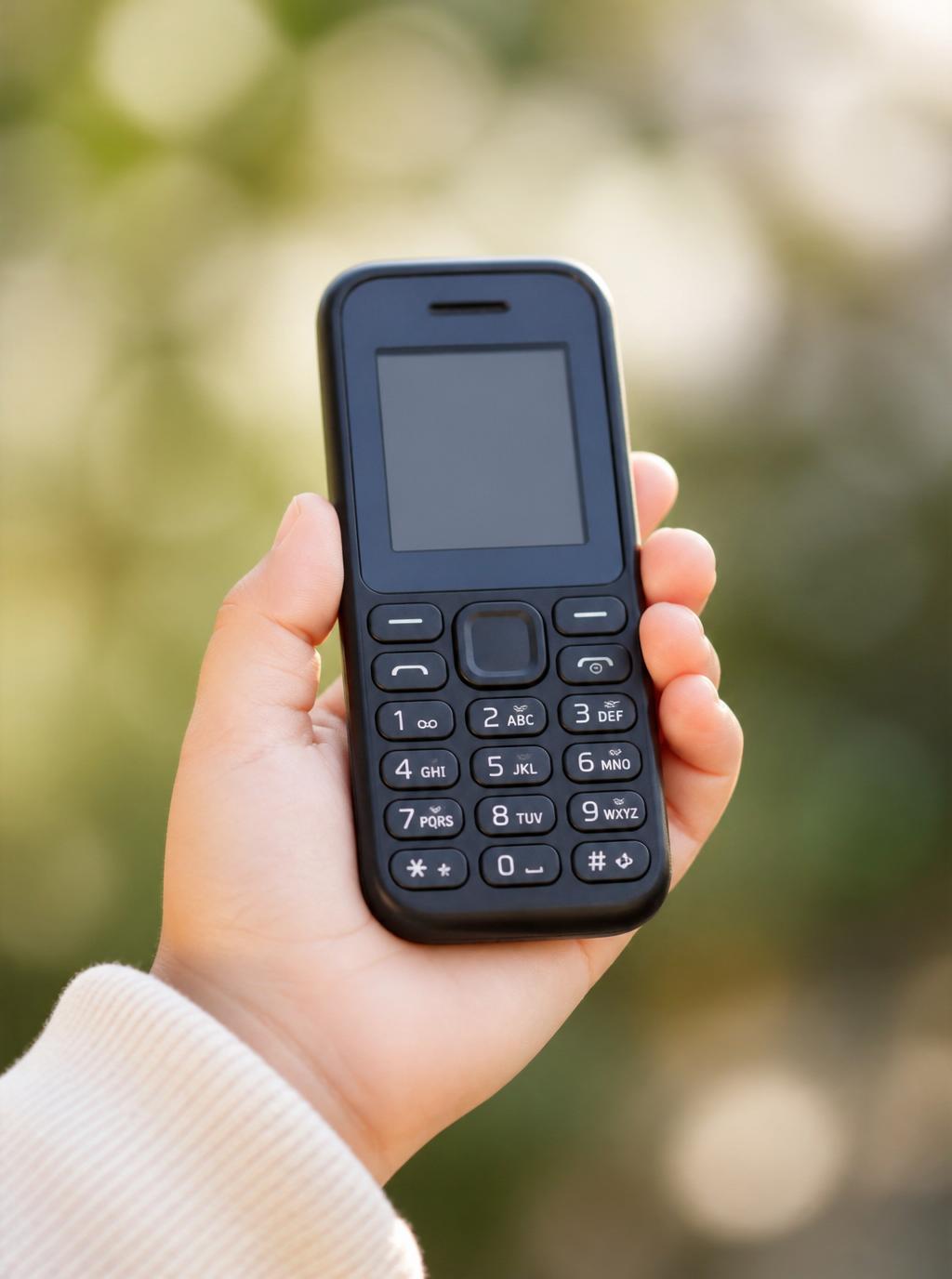 A child's hand holding a simple brick phone