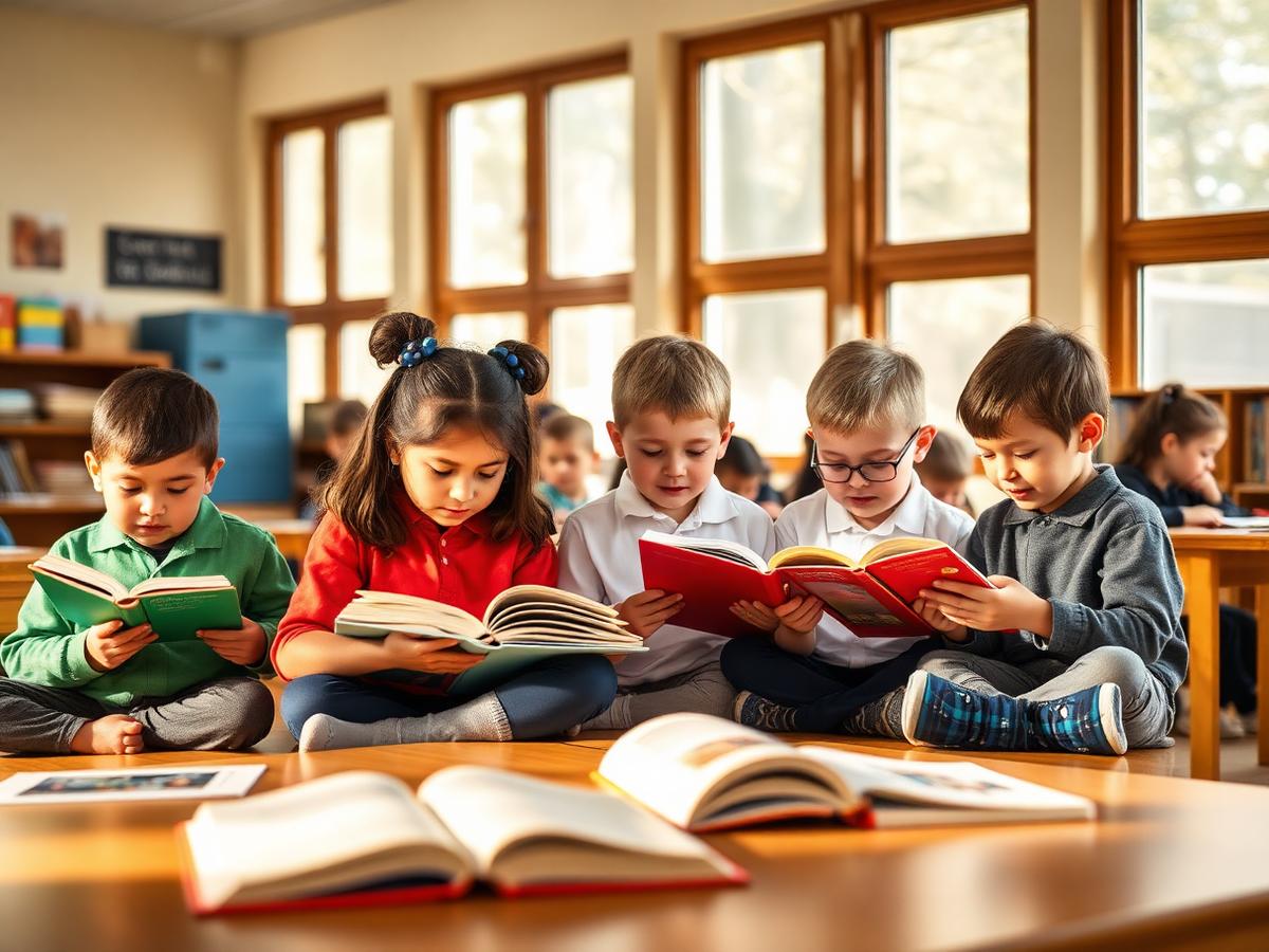 Primary school children reading and playing without phones